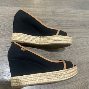 Tory Burch Black & Brown Majorca Espadrille Peep Toe Wedge 6.5